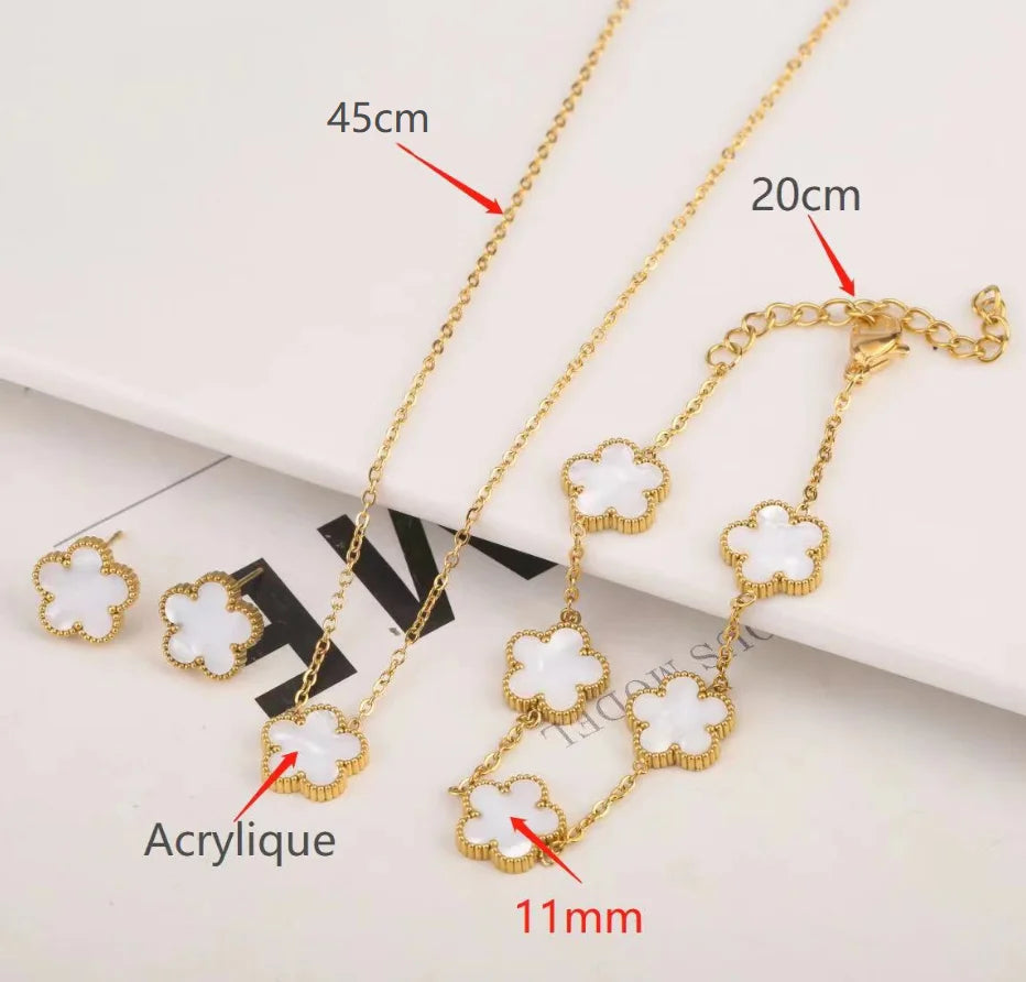 Green 2PC Stainless Steel New Design Plant Five Leaf Flower Petal Pendant Necklace Earrings Jewelry Set Women's Clover 4 Colors