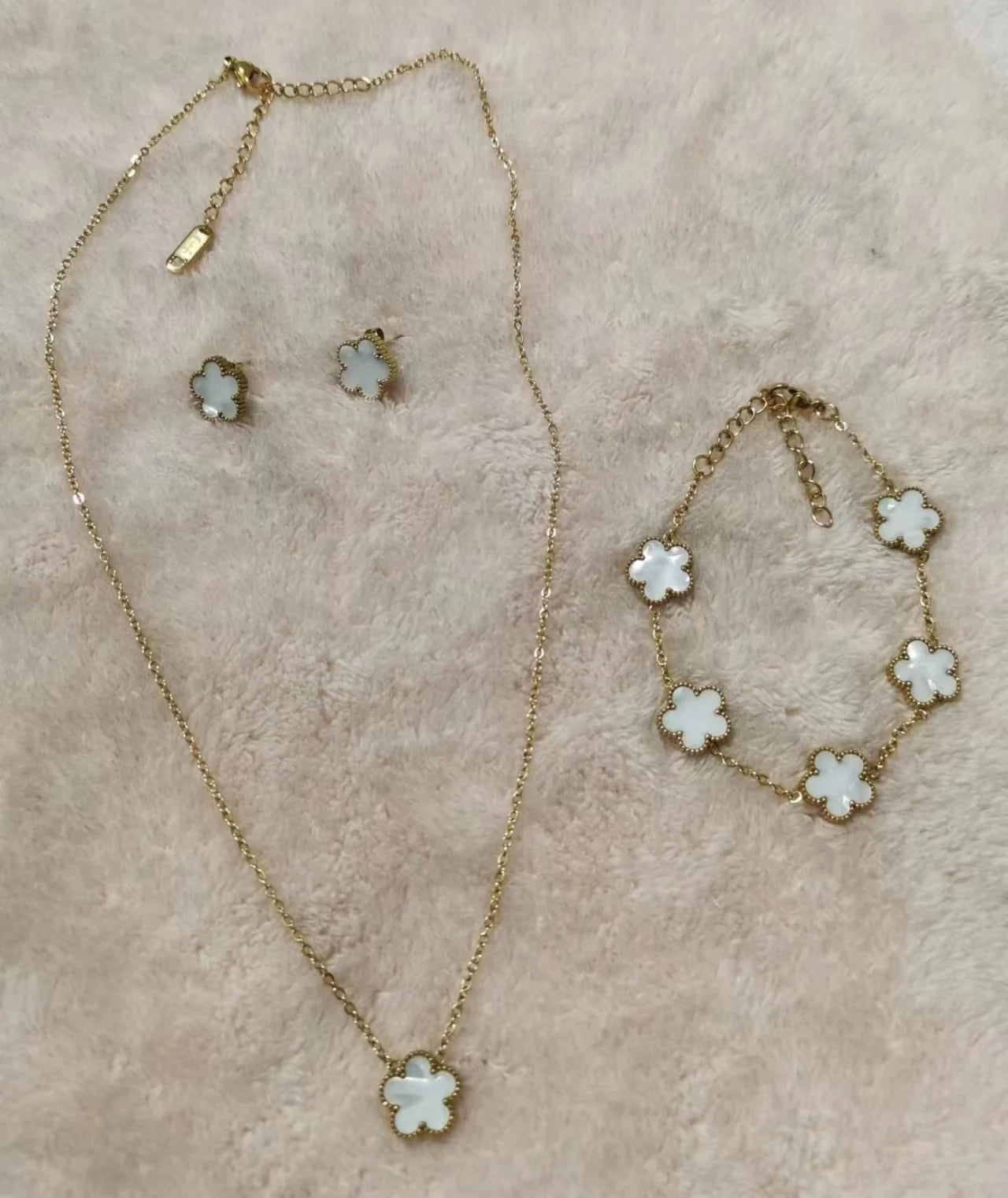 Green 2PC Stainless Steel New Design Plant Five Leaf Flower Petal Pendant Necklace Earrings Jewelry Set Women's Clover 4 Colors