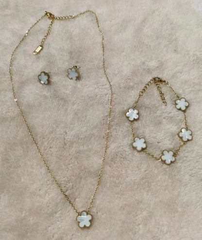 Green 2PC Stainless Steel New Design Plant Five Leaf Flower Petal Pendant Necklace Earrings Jewelry Set Women's Clover 4 Colors